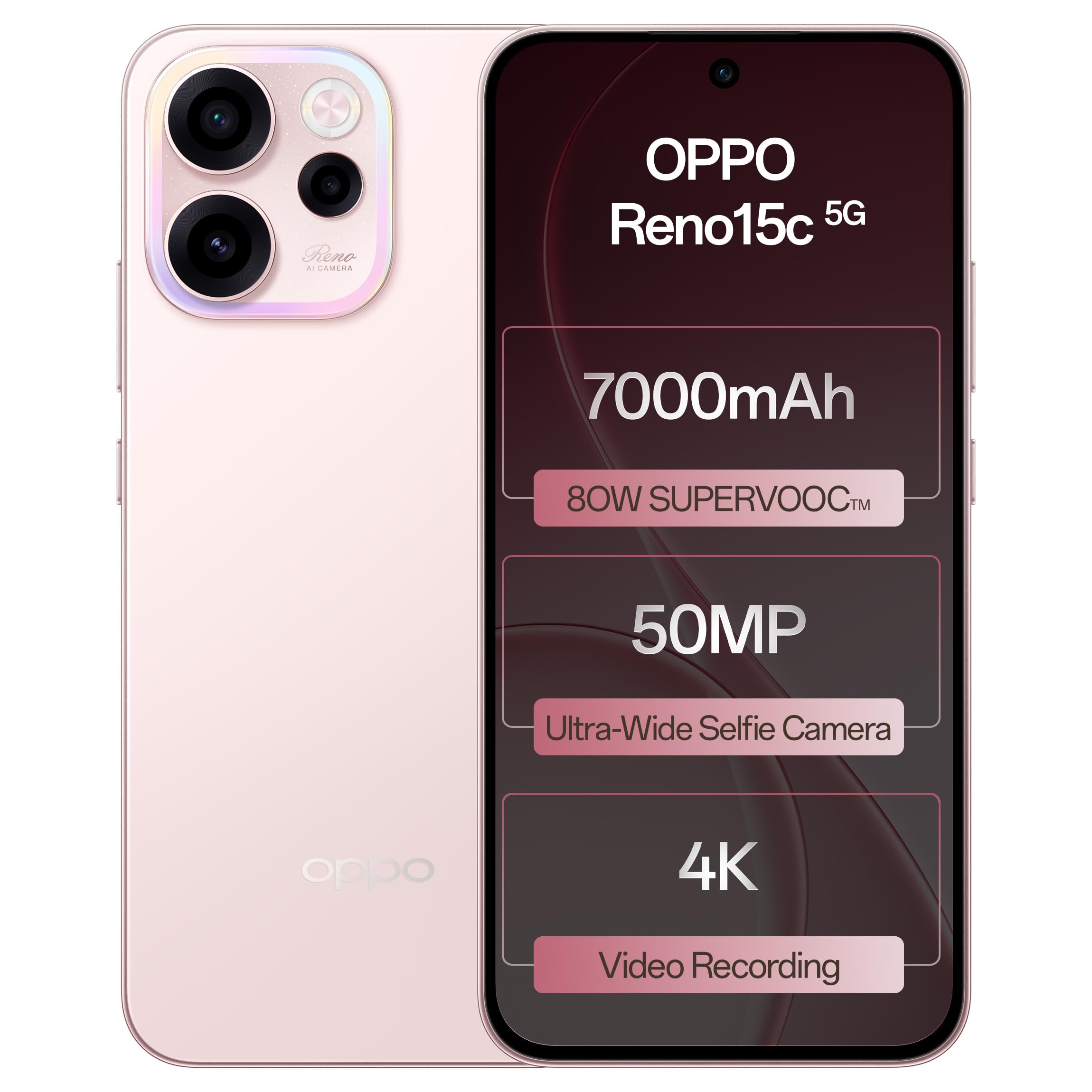 Oppo Reno15c 5G (Afterglow Pink, 8GB RAM, 256GB Storage) with No