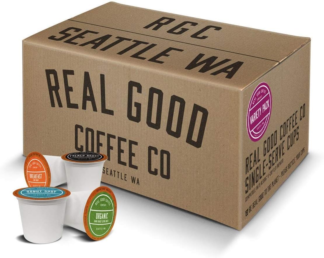 Real Good Coffee CompanySingle Use Coffee Pods - Variety Pack - 4 Roast Options - K-Cup Compatible including Keurig 2.0 Brewers - Recyclable Cups and Packaging - 72 Count