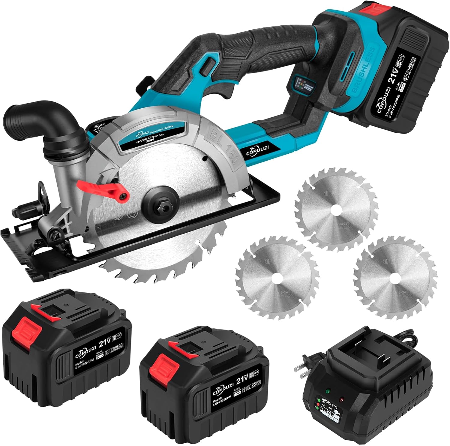 6" Cordless Circular Saw, Sierra Circular Inalambrica with 2 x 6.0Ah Battery, 7000RPM Brushless Handheld Circle Saw with 3 Blade, Max Cutting Depth 2-1/6"(90°), 1-1/4"(45°) for Wood Metal PVC