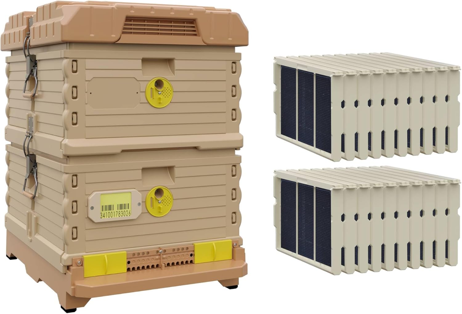 Apimaye Ergo Insulated Bee Hive Set with Plastic PRO Frames with Premier Double Wax Foundations (Double Deep) (White Body Blue Entrance)