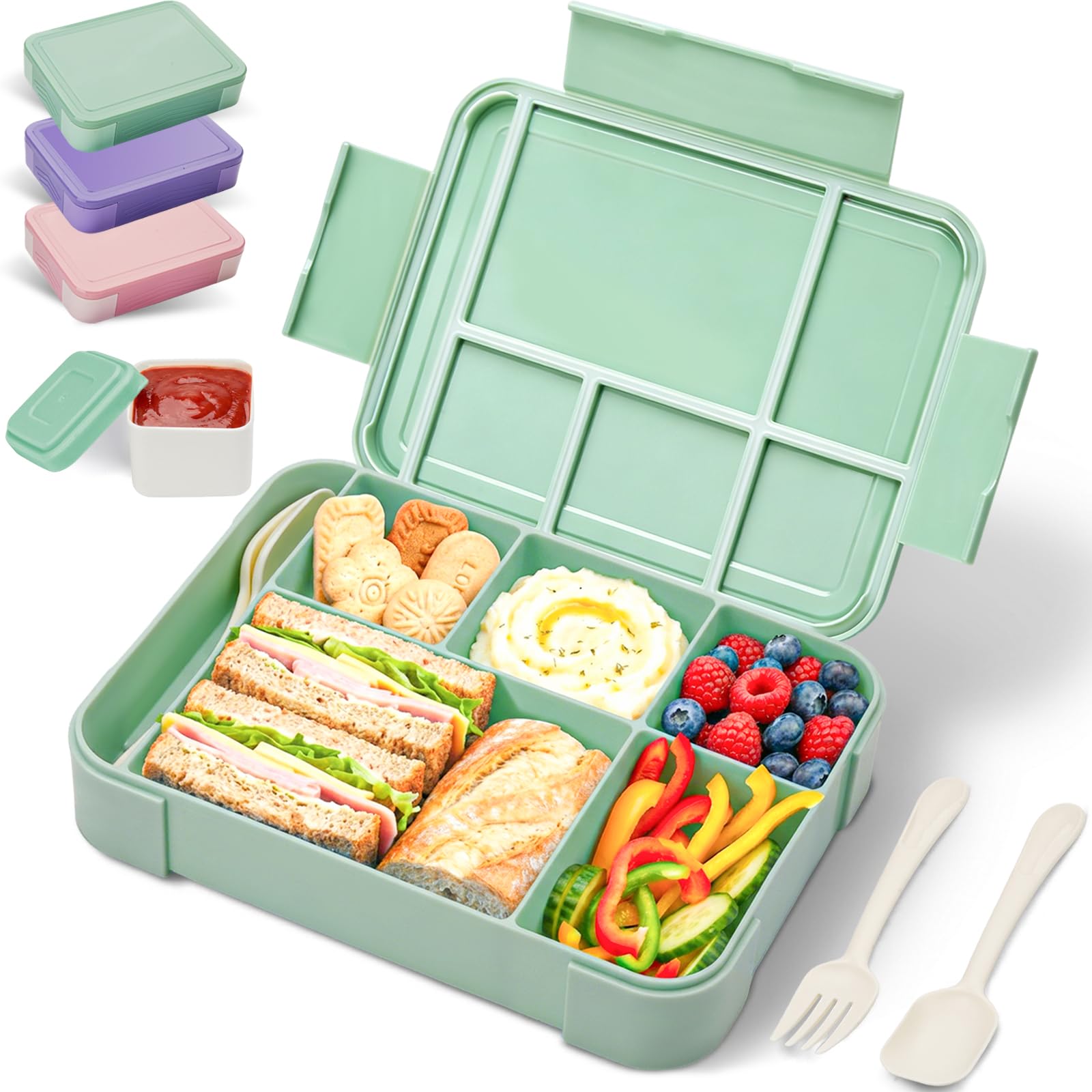 BIBURY Lunch Box Kids Adults, Leakproof Bento Box Lunchbox with 5 Compartments & Sauce Pot & Cutlery, BPA Free, Microwave Dishwasher Safe Snack Box Sandwich Box for School Boys Girls, 1.3L (Green)