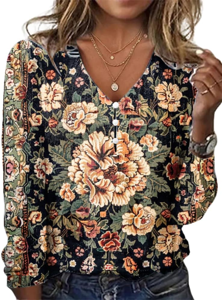 Womens Boho Floral Print Tops Dressy Slim Fit Vintage Womens Summer Tops V Neck Button Down Shirts for Women