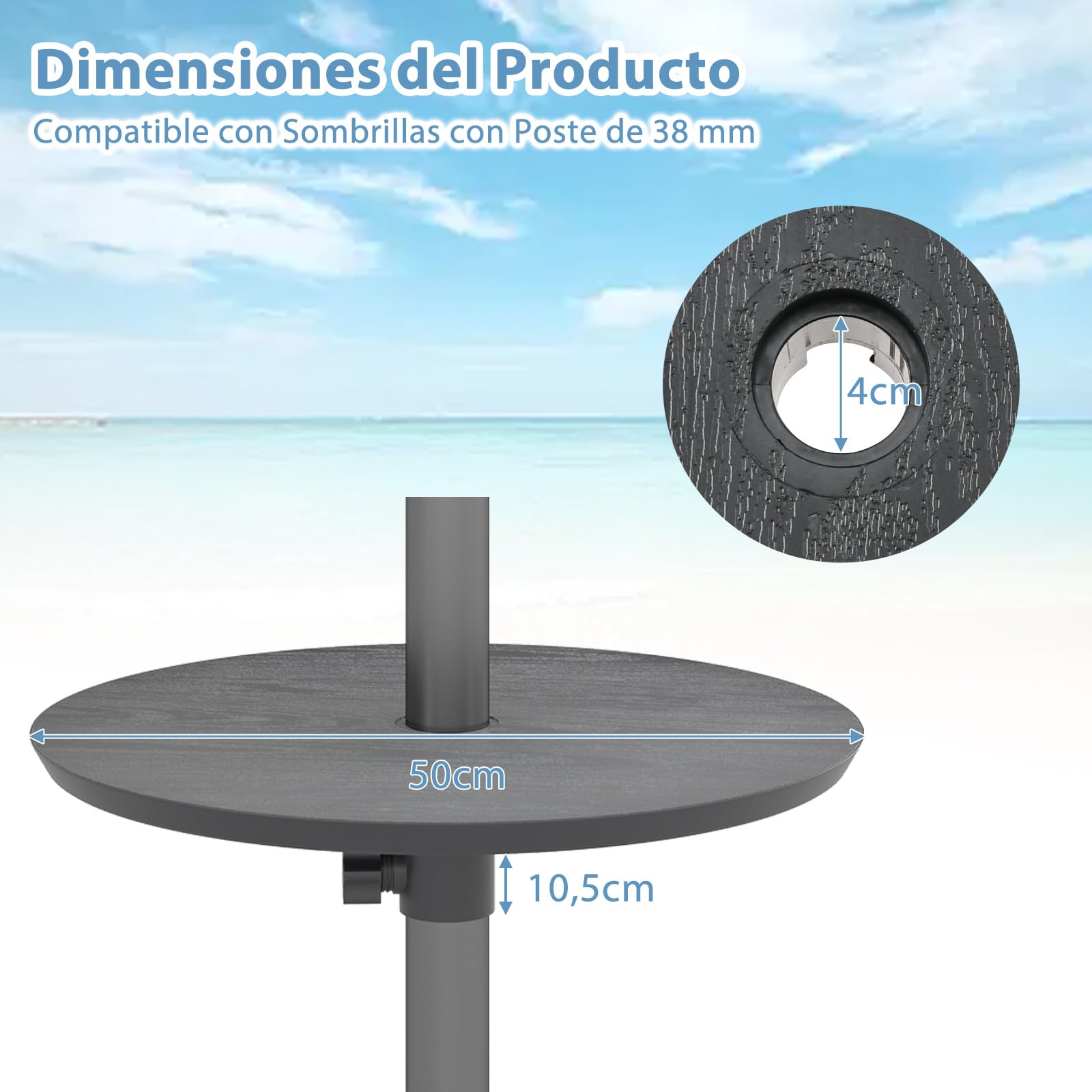 COSTWAY 50 cm Mesa para Sombrilla Ajustable para Exteriores, Bandeja Redonda para Sombrilla de 38 mm y 48 mm, Mesa Lateral Portátil y Ligera para Piscina Playa Jardín (Negro)