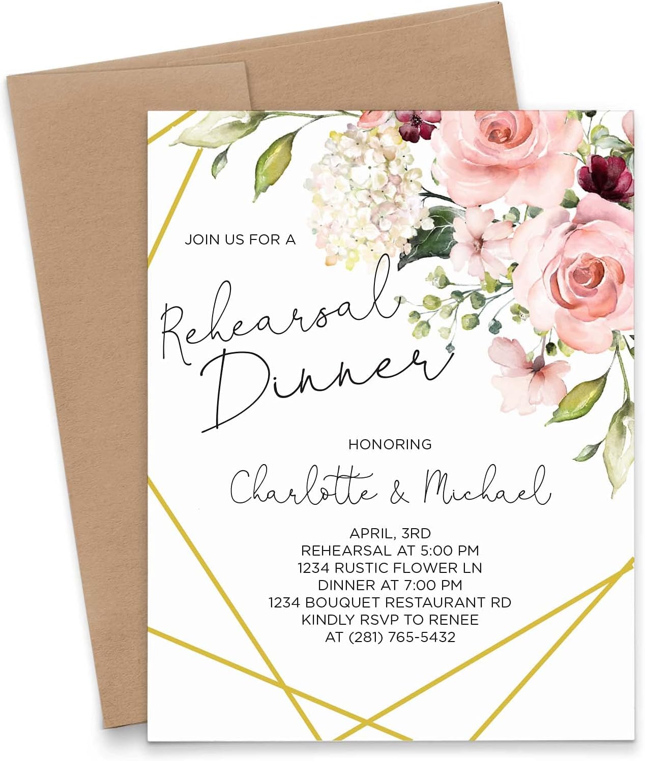 Modern Floral Rehearsal Dinner Invitation Personalized, Your choice of Quantity and Envelope Color