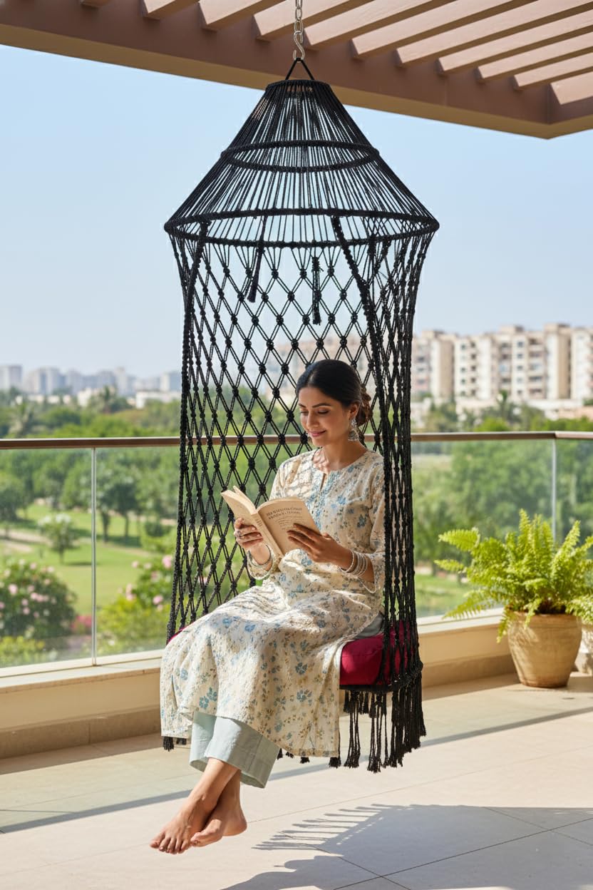 Patiofy Polyester Comfort King Hanging Swing Chair/Jhula For Adults/Swing For Balcony/Swing For Home/Zula For Home Adults Balcony|200Kg Weight Holding Capacity/Free Hanging Kit&Cushion Included-Black-image-16