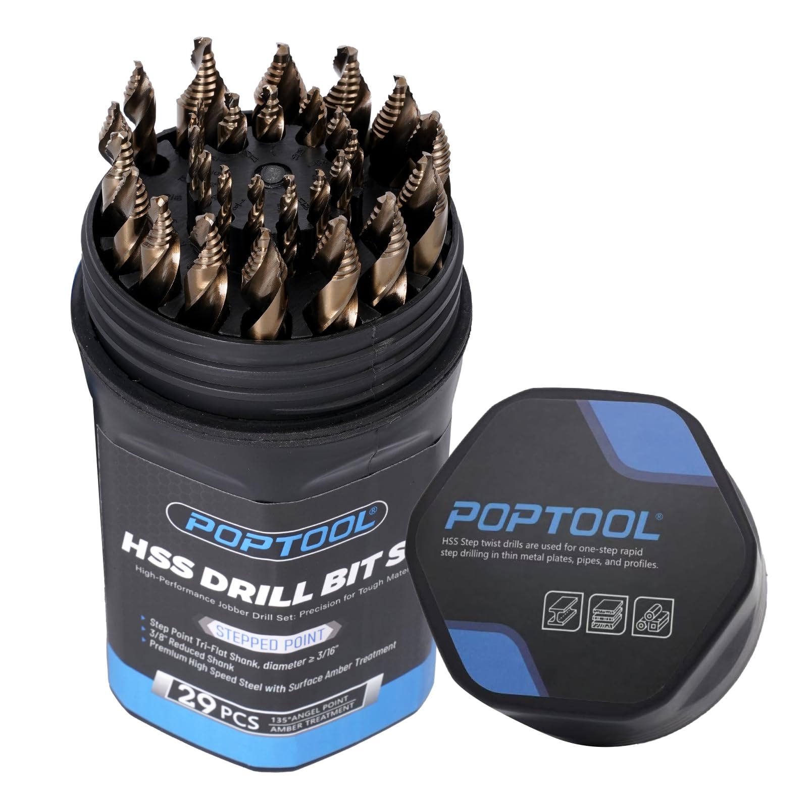 Stepped Point Drill Bit Set, 135° Split Point & 3-Flat Shank, Clean Precision Drilling with Size Marked Storage Tube