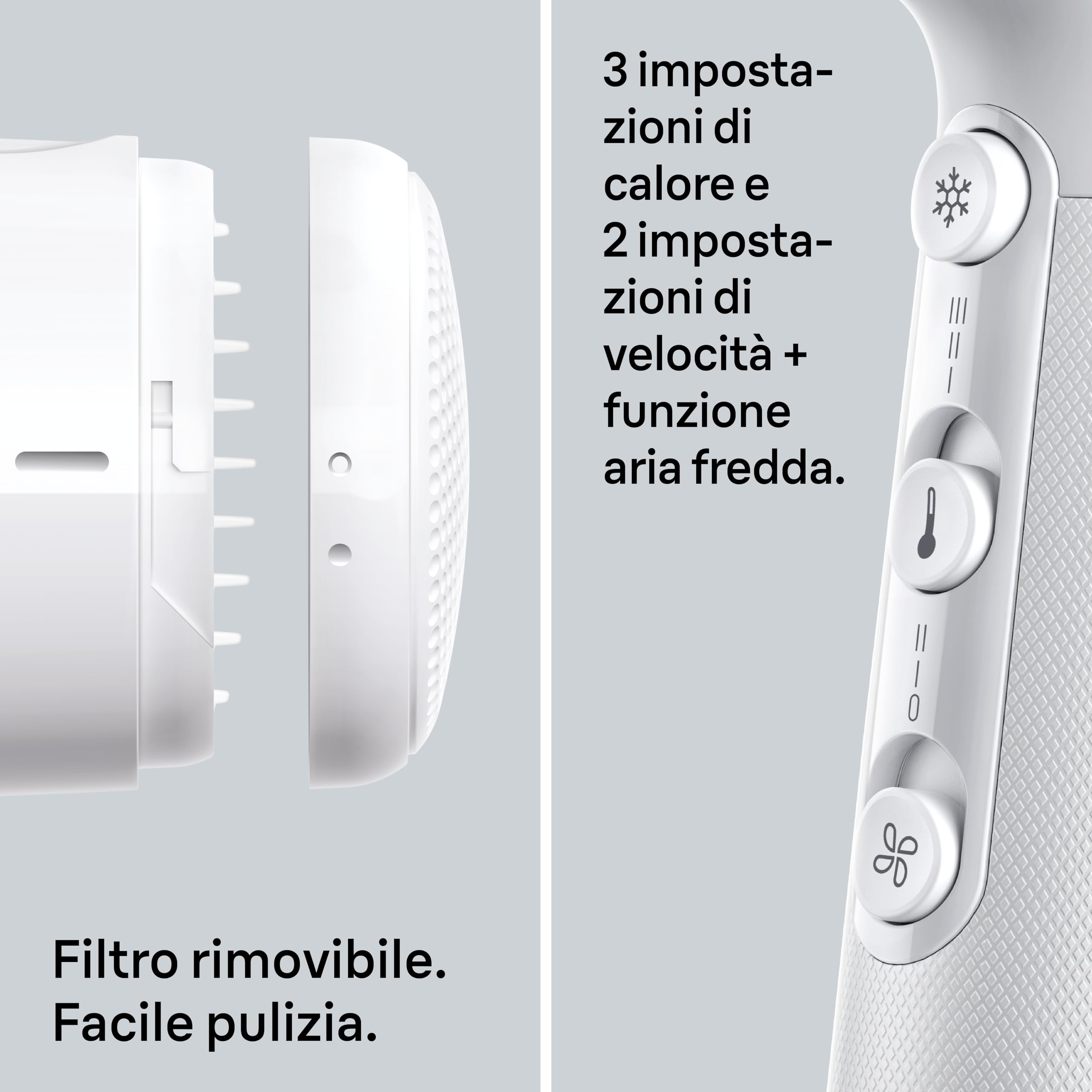 Asciugacapelli Braun HD2.21, potente con diffusore e concentratore, Tecnologia IONTEC, motore da 2200W, 3 temperature e 2 velocità, bianco, BRHD235E