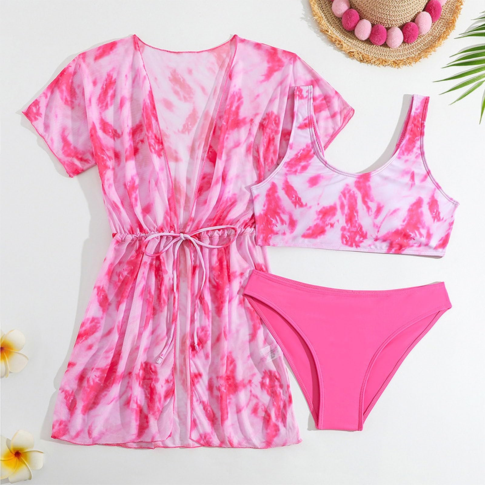 Conjunto de bañador para niña de 3 piezas con estampado floral para niñas con funda y traje de baño separado, UPF 50+, traje de baño para playa y piscina