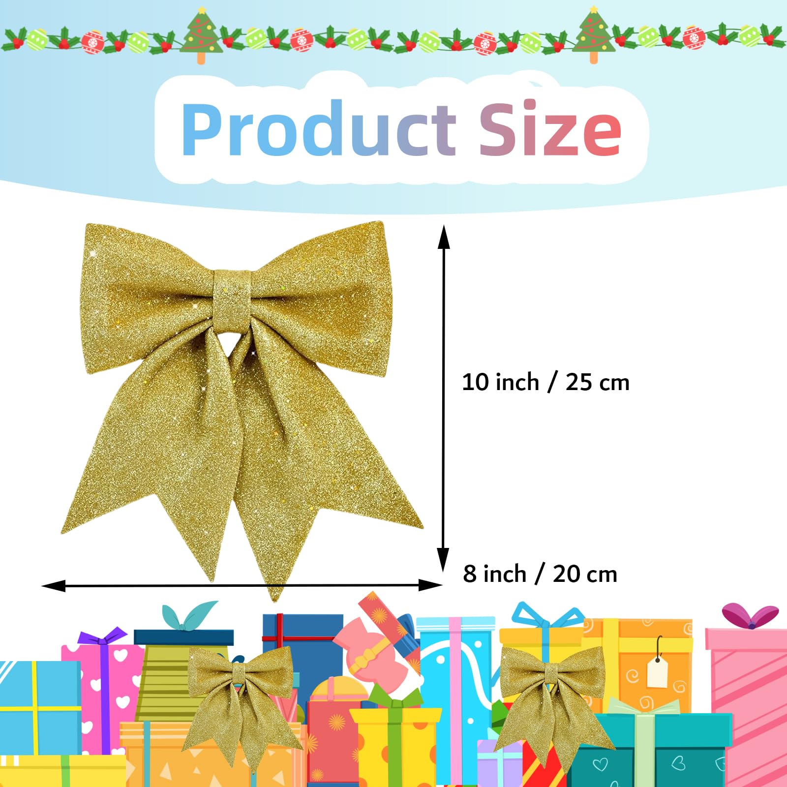 KOPOGTY 2pcs Christmas Bow Decoration, Christmas Tree Bow Gold Bows Christmas Arbol De Navidad Gold Bows for Christmas Tree for DIY Crafts Gift Wrap Holiday Party Decoration (10 Inch/Gold)