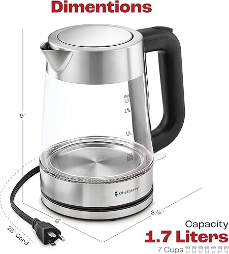 Miniatura 9 de Hervidor eléctrico para hervir té caliente y agua Caldera de vidrio de borosilicato de acero inoxidable de 1.8L sin plástico, apagado automático,