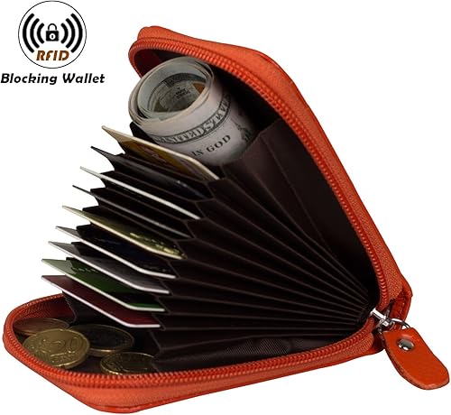 Miniatura 5 de Billetera con cierre de cuero genuino con tarjetero con bloqueador de señal RFID, S, Anaranjado