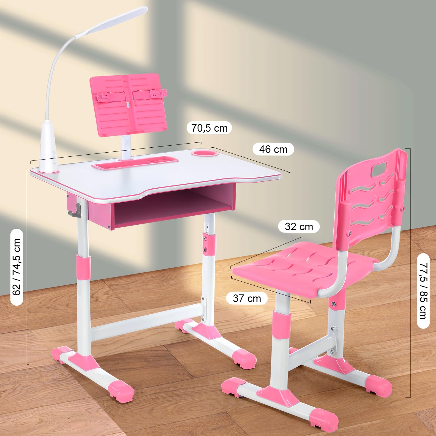 Escritorio para niños, altura regulable, escritorio juvenil, escritorio para estudiantes, mesa de estudiante, soporte para libros, cajón y silla ergonómica de escritorio (rosa)