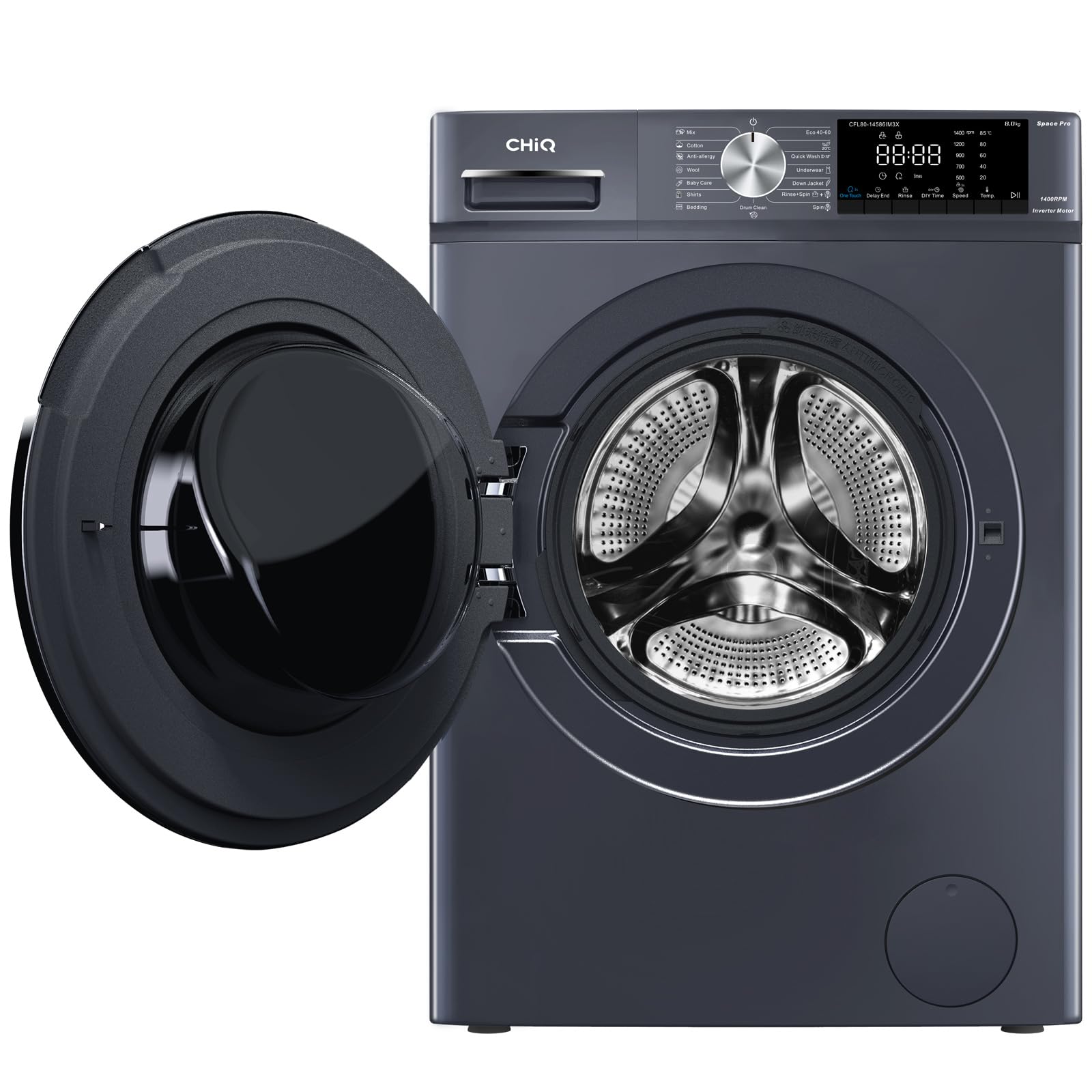 CHiQ Lave-linge CFL80-14586IM3XA 8 kg 1400 tr/min Classe A-15% Moteur Inverter stable Programme intelligent IA Fonction vapeur Gris