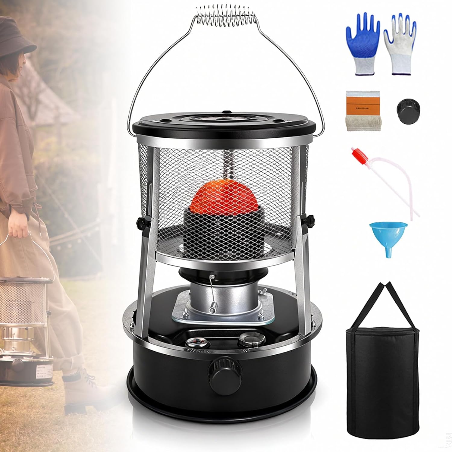 Non Electric Heaters for Indoor, 9000 BTU Kerosene Heater Indoor & Outdoor Use, Portable 2-in-1 Heater & Stove,21 Long Lasting, Emergency Backup for Power Outage,Camping,Home,Garage (Black)