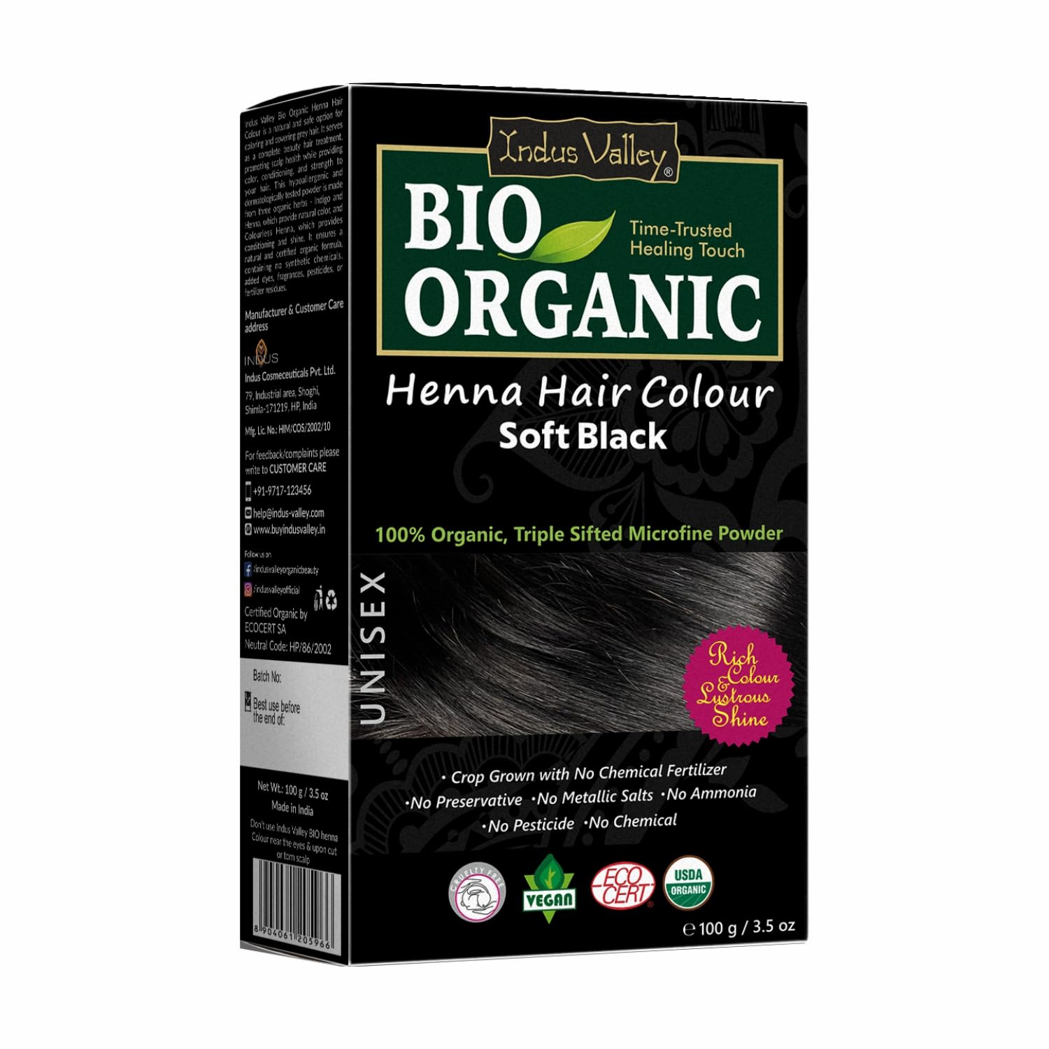 Indus Valley Organic Henna Hair Colour Kit for Women- Chemical-Free, 100% Grey Coverage, Natural Soft Black Henna Powder - Vegan, Herbal Hair Dye,