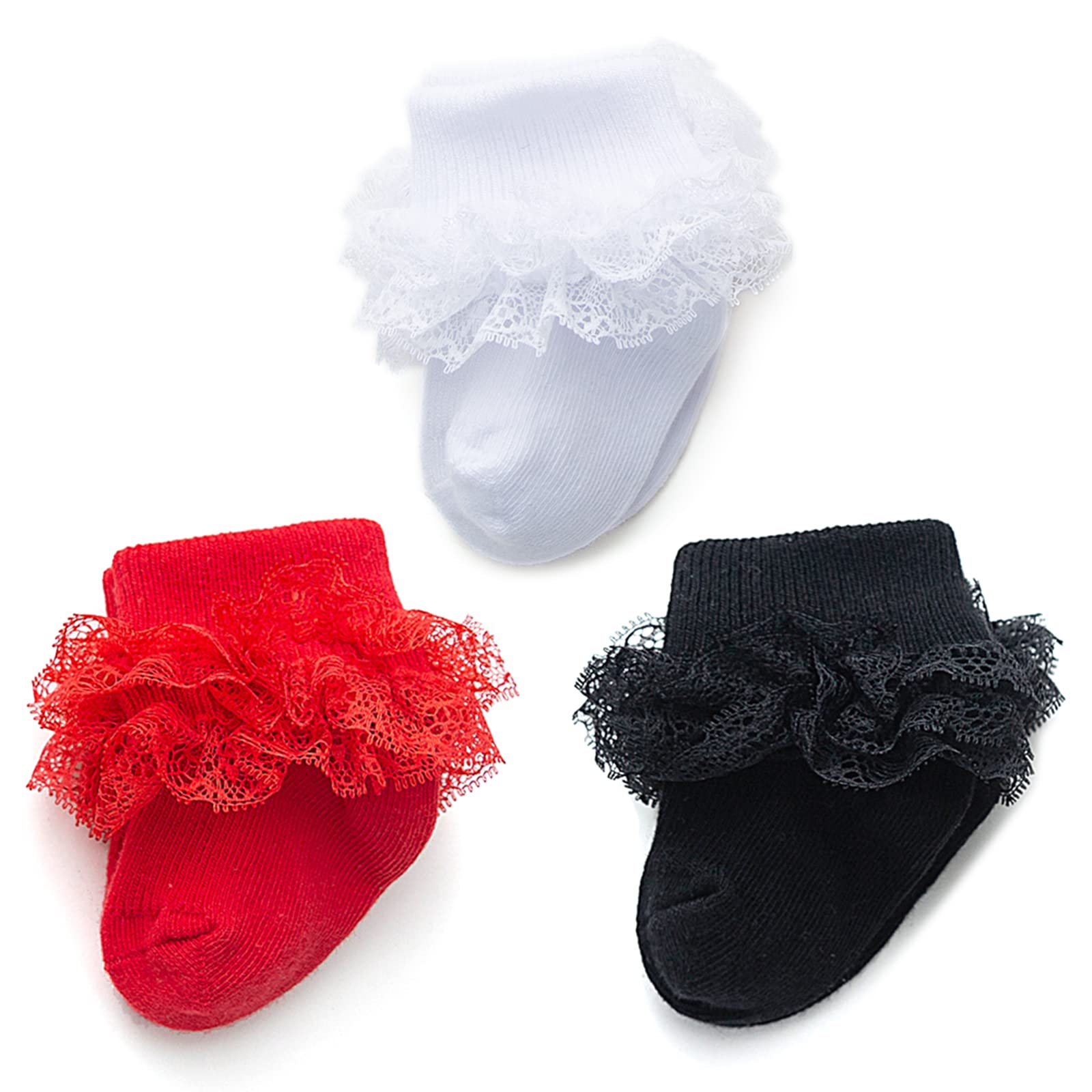 Baby Girl Socks Eyelet Triple Lace Ruffle Socks Turn Cuff Socks 2/3/5 Pairs Ankle Dress Sock for Newborn Infant Toddler
