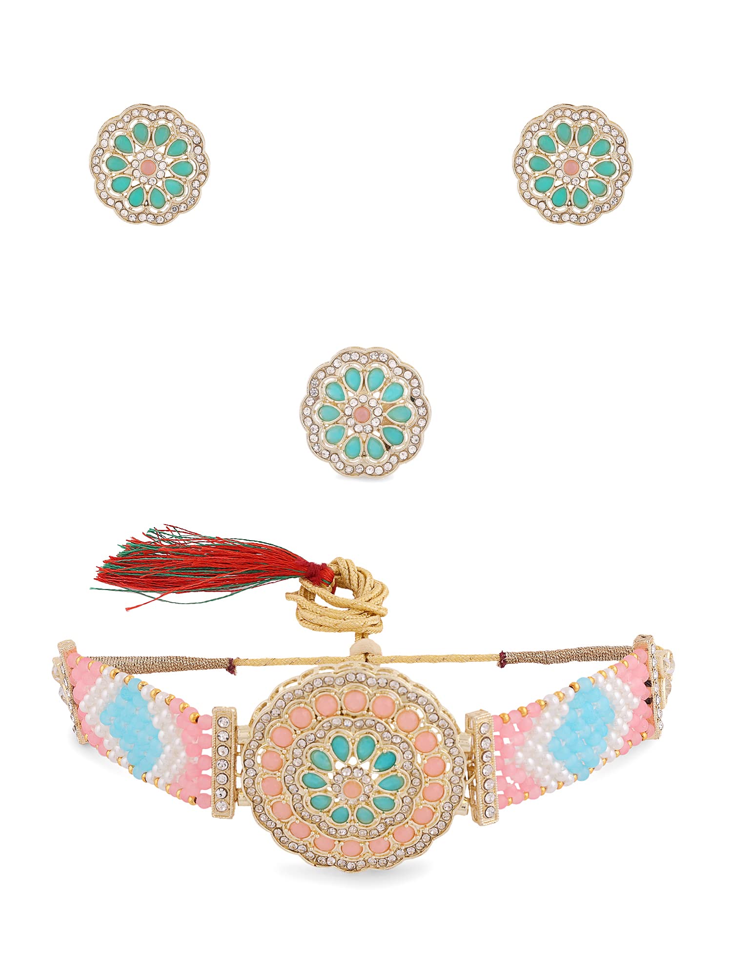 ZAVERI PEARLS Pink & Turquoise Stones & Beads Woven Choker Necklace Earring & Ring Set For Women-ZPFK14040 (B0B2MTG8GH) Amazon Price History, Amazon Price Tracker