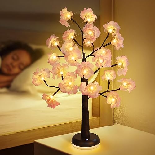 Miyole Luces de cerezo, árbol iluminado con 24 luces de hadas, lámpara de árbol artificial de 16.5 pulgadas, recargable por USB, funciona con pilas