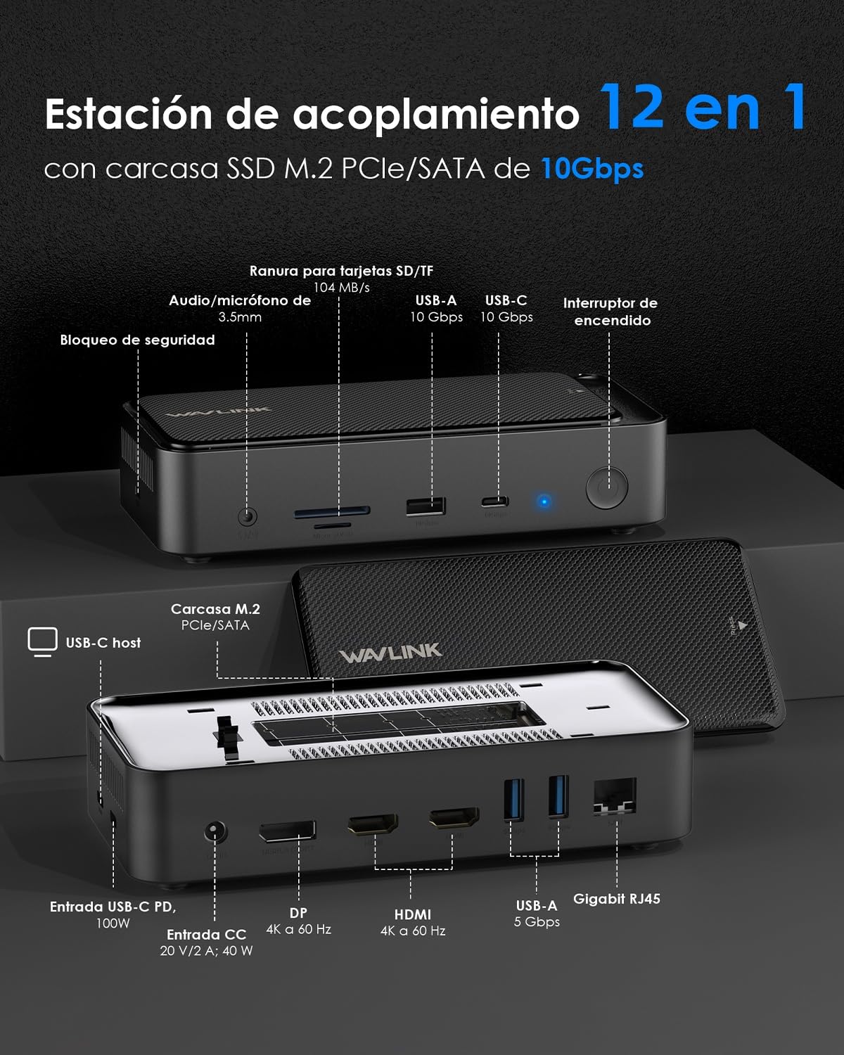 WAVLINK Docking Station Triple Display 3 * 4K@60Hz | 12 en 1 USB C Docking Station con SSD Enclosure M.2 PCIe/SATA de 10Gbps, PD de 100W, USB C/A, Gigabit para Windows y Mac OS