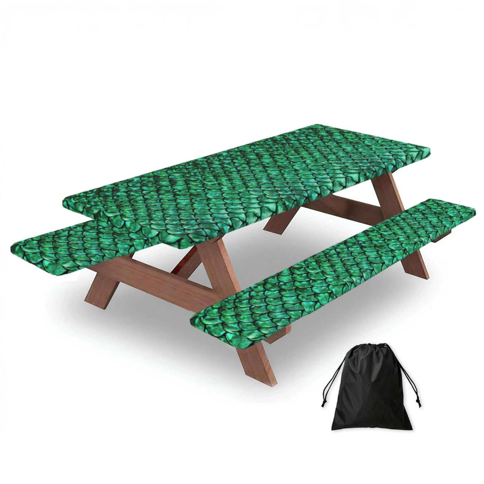 Yqxwjl Black Green Fish Scales Print Camping Essentials Waterproof Camping Table And Bench Cover With Drawstring Bag 183 Cm