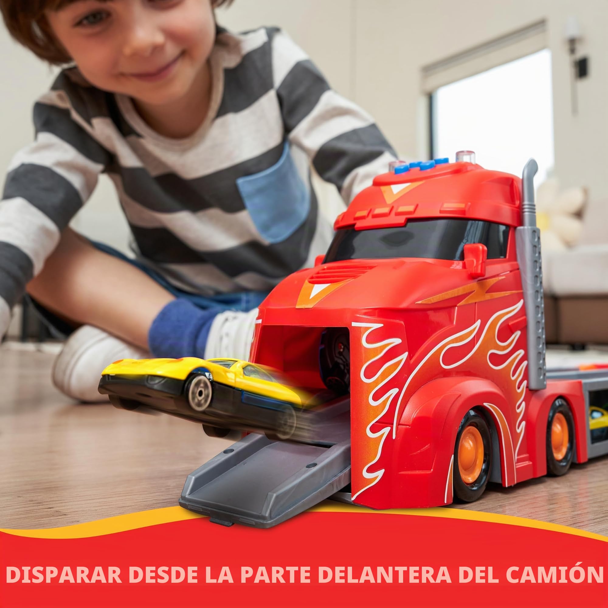 SYNCFUN Transport Race Truck Toy Cars, 2,4 metros gigante pista de carreras portador camión juguete, plegable 3 capas con 12 coches, luces y sonidos, regalo para 3, 4, 5, 6, 7 años, niños