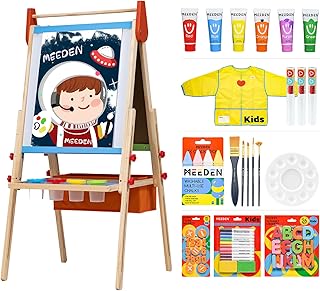 MEEDEN Easel for Kids, Double-Sided All-in-one Wooden Art Easel, Kids Art Easel Set with Paper Rolls, Magnetic Easel with Whiteboard & Chalkboard, Finger Paints, Accessories Easel for Toddlers