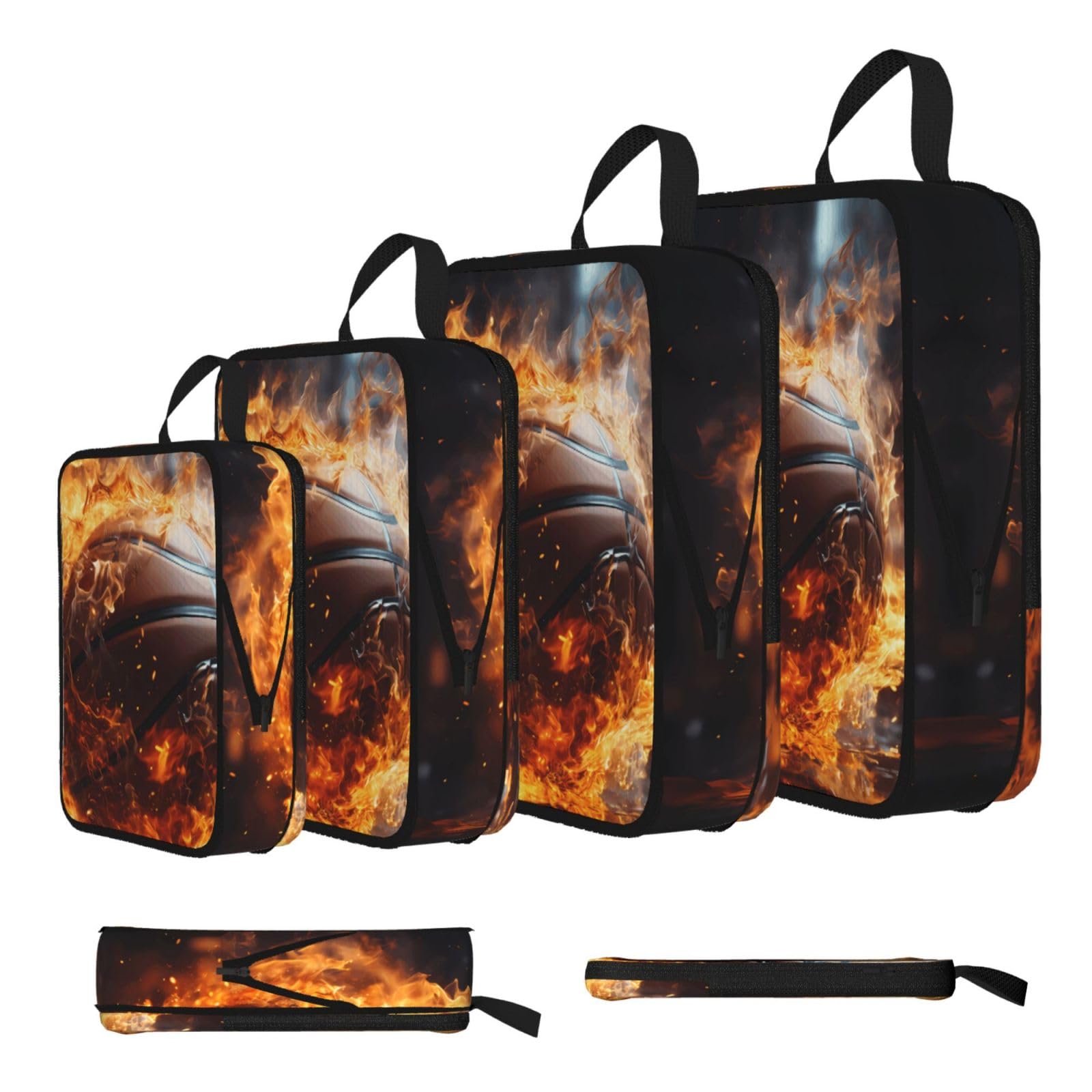 Basketball on Fire and Water Flame Splashing Compression Packing Cubes 4 Piece Set