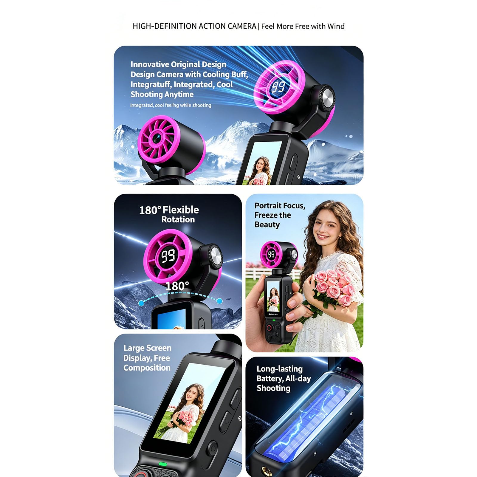 Videocamera portatile con ricarica di tipo C, schermo frontale e lente rotante per video di vlog di viaggio, preparazione quotidiana di dessert, frusta da cucina