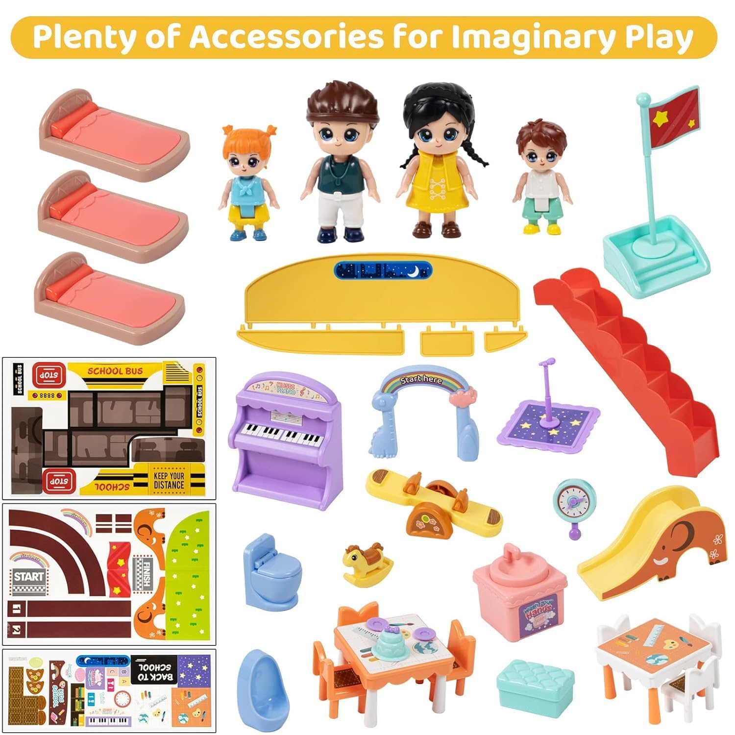 Pihura Dollhouse Camper Van, Portable School Bus Building Kit Dolls Pretend Play Vehicle with Stair, Transforming Doll House Preschool Storage Camper Toy with Music Fit Girls Ages 3+ 4