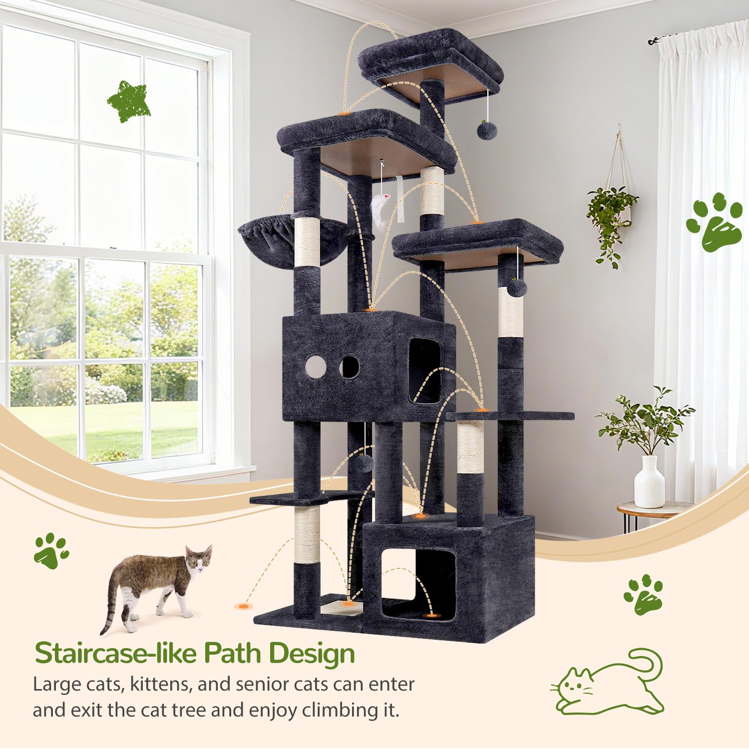 Globlazer Árbol Rascador XXL para Gatos Grandes 203 cm con 2 Nidos Grande 45*40*35cm, 3 Plataforma Amplio, Tablero Sisal, Cesta, Enorme Arbol Rascador para Gatos Adultos Interior (F80E, Gris Oscuro)
