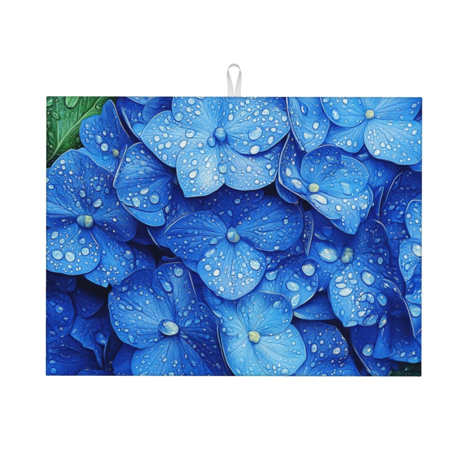 Dish Drying Mat Hydrangeas Flower Blue for Kitchen Counter Absorbent 18x24 Inch Microfiber Dishes Plate Glass Dry Draining Pad Reversible Washable