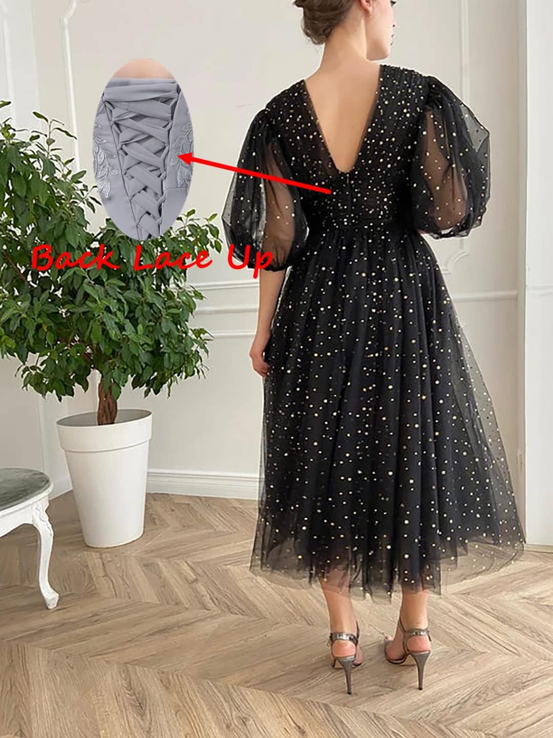 Sparkle Starry Tulle Prom Dresses Puffy Sleeve Evening Gowns Slit Formal Party Dress with Pockets Tea Length