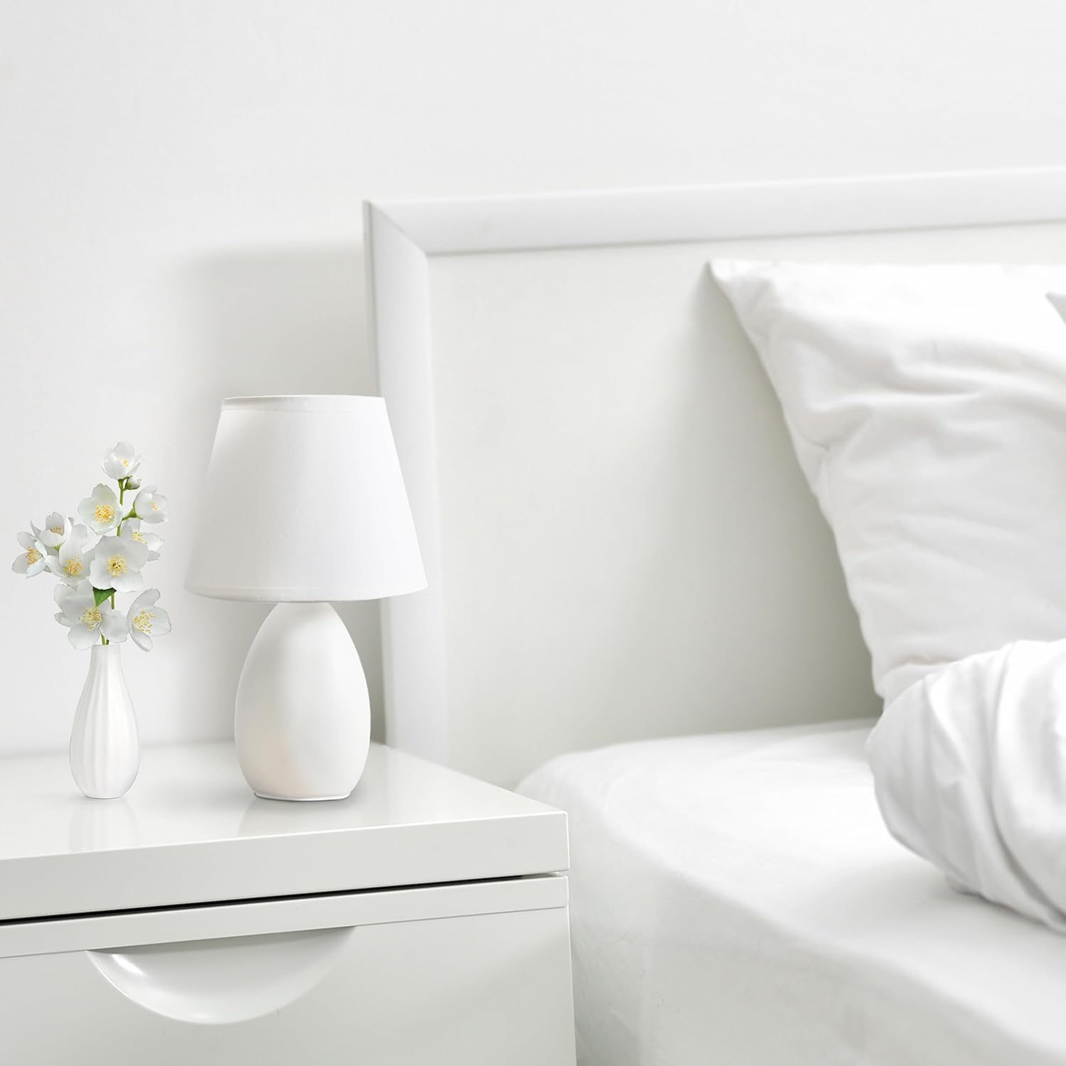 Simple Designs LT1197-OFF-2PK 9.45" 2-Pack Chic and Sleek Oblong Mini Oval Ceramic Table Lamp Set, for Living Room, Bedroom, Office, Off White