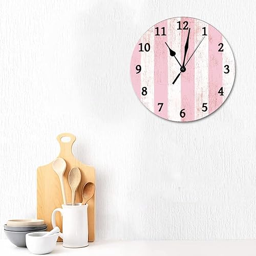 Miniatura 3 de Reloj de pared a rayas rosas y blancas, decoración de pared para sala de estar, sin tictac, reloj de pared a rayas rosas, funciona con pilas, reloj