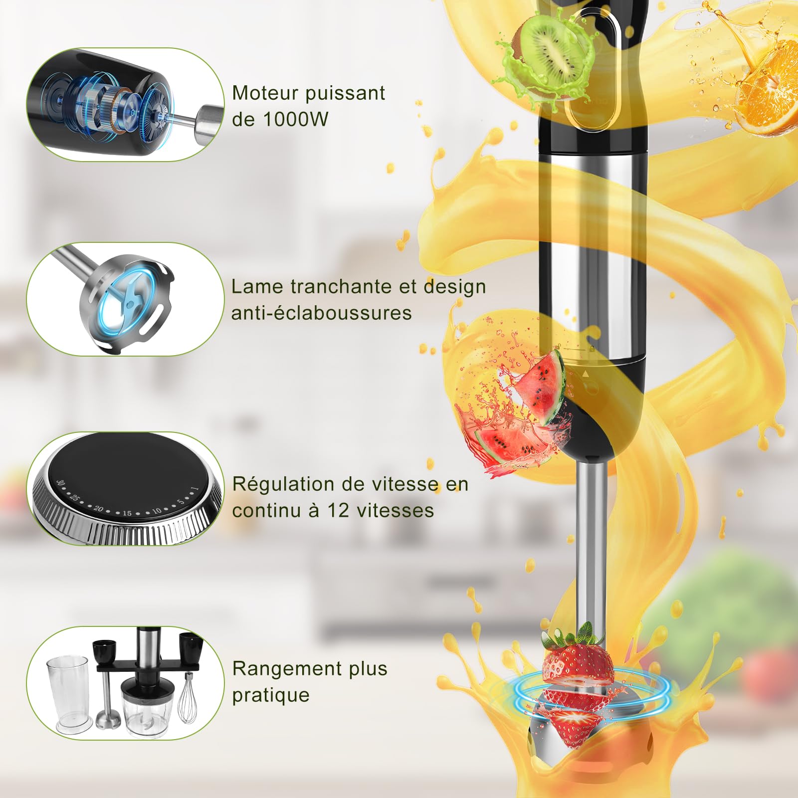 Dreamhigh® Mixeur Plongeant Professionnel 4-en-1, 1000W avec 12 Vitesses + TURBO & 2 Boutons, Inclus Fouet, Hachoir 500ml & Verre Doseur 700ml, Idéal pour Soupes, Smoothies & Purées