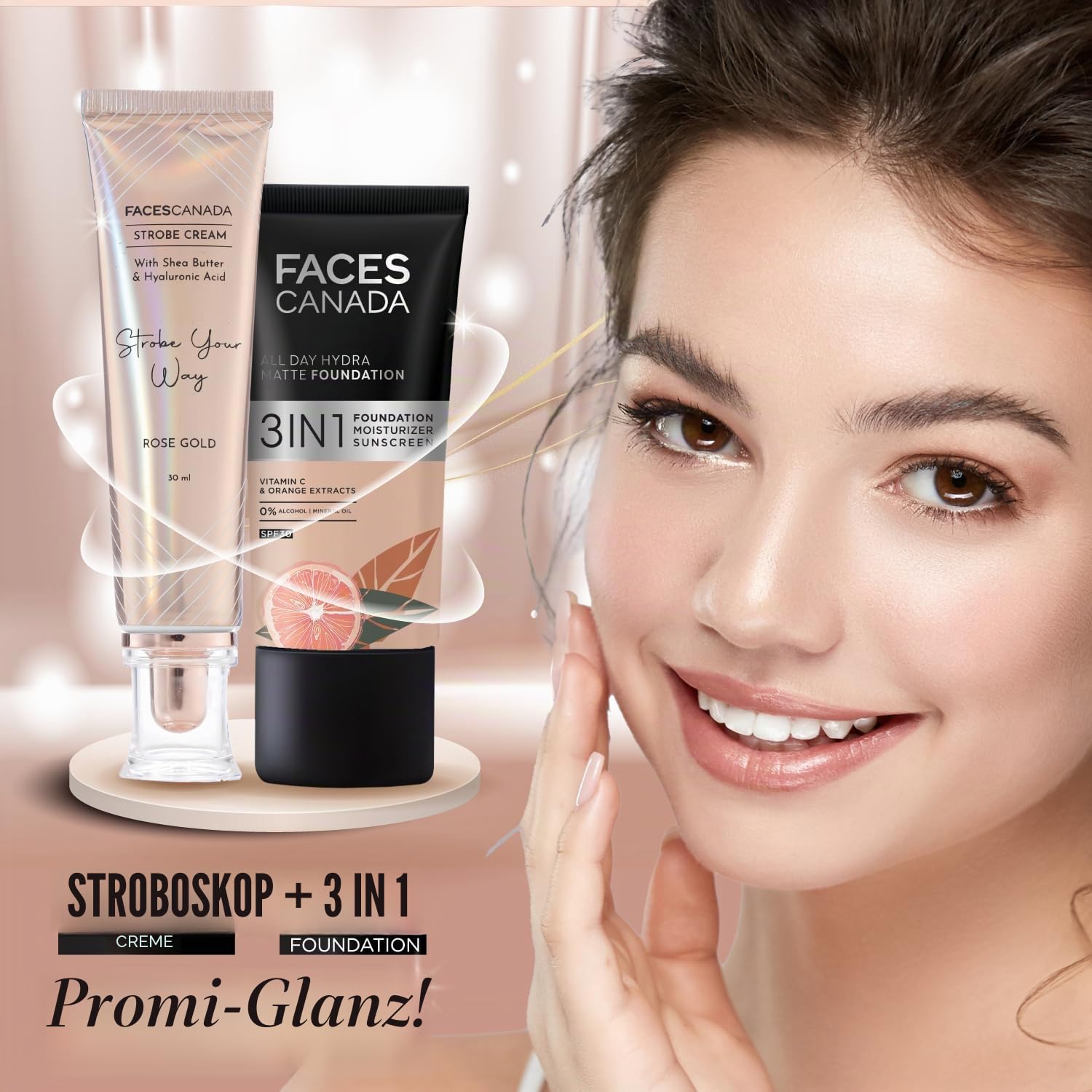 FACES CANADA Stroboskop-Creme – Roségold, 30 ml Grundierung + Highlighter + Feuchtigkeitscreme, Sheabutter und Hyaluronsäure, intensive Hydratation, makellose, strahlende, taufrische Haut