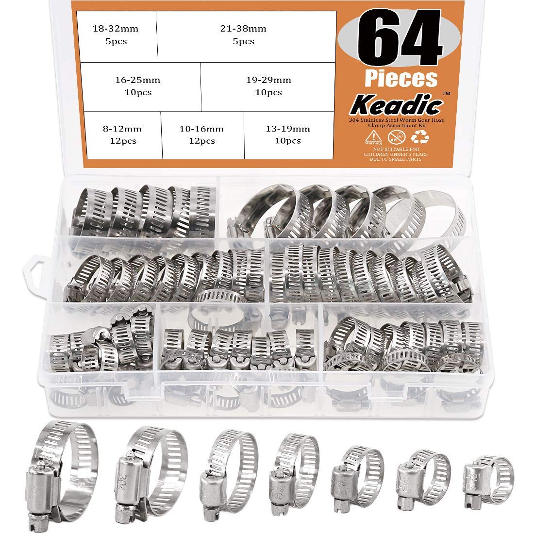 Keadic 64Pcs Adjustable [8 to 38mm] Diameter Range Fuel Line Clips Worm Gear Hose Clamp Assortment Kit for Various Pipes Automotive Mechanical Use - 304 Stainless Steel