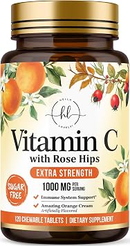 Vitamin C 1000mg Per Serving - Extra Strength with Rose Hips Bioflavonoids - Sugar Free Vitamin C Chewable Pills, Vit C Supplement for Immune Support & Antioxidant, USA Bottled - 120 Chewable Tablets