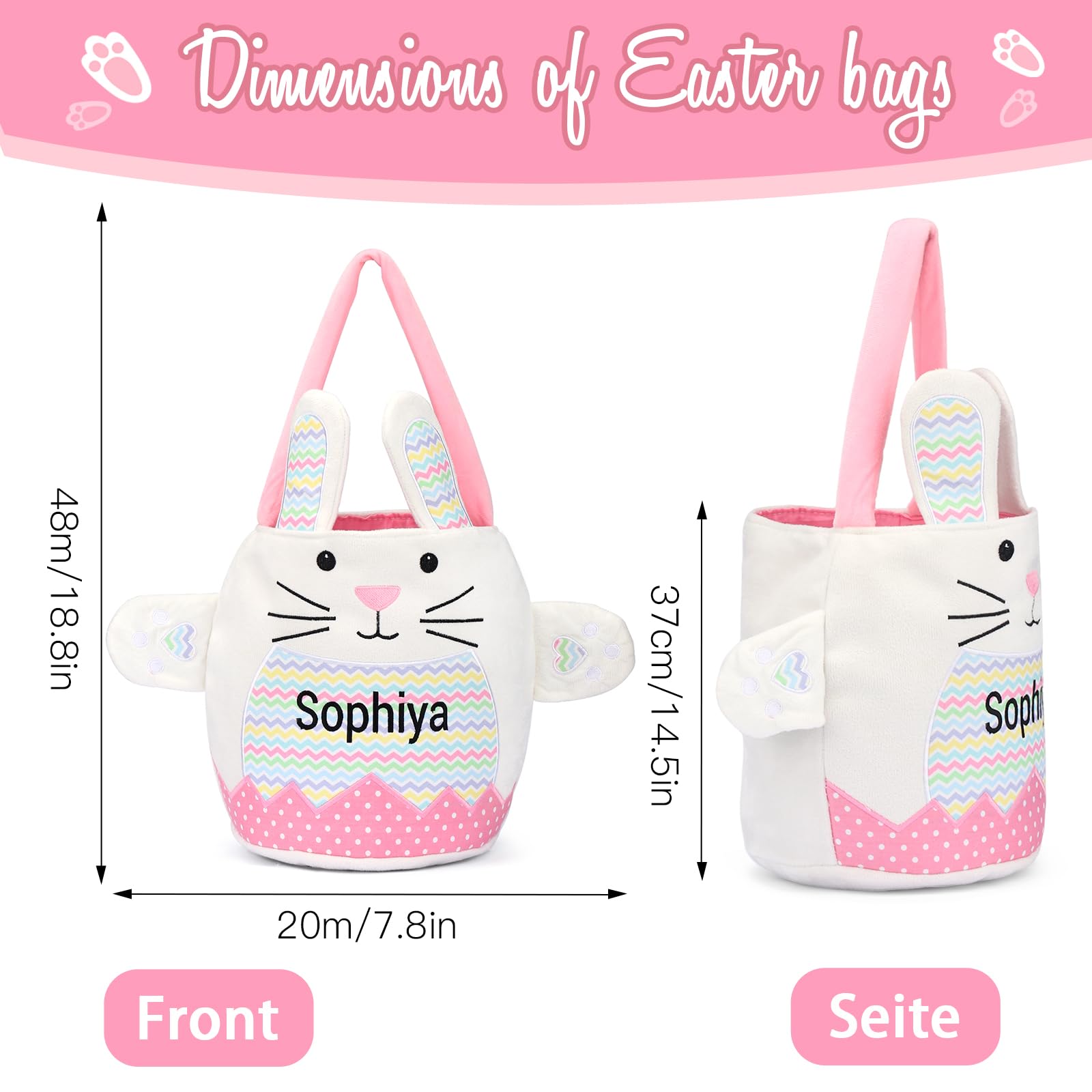 OXYEFEI Personalized Name Easter Basket for Kids - Custom Cute Striped Embroidery Easter Bunny Basket for Boys Girls (Pink)