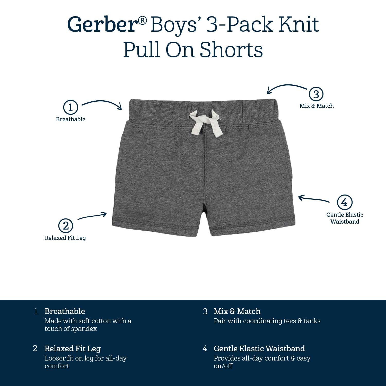 Gerber - Pantalones cortos de punto, 3 unidades, gris/negro/jaspeado oscuro, de 2 años