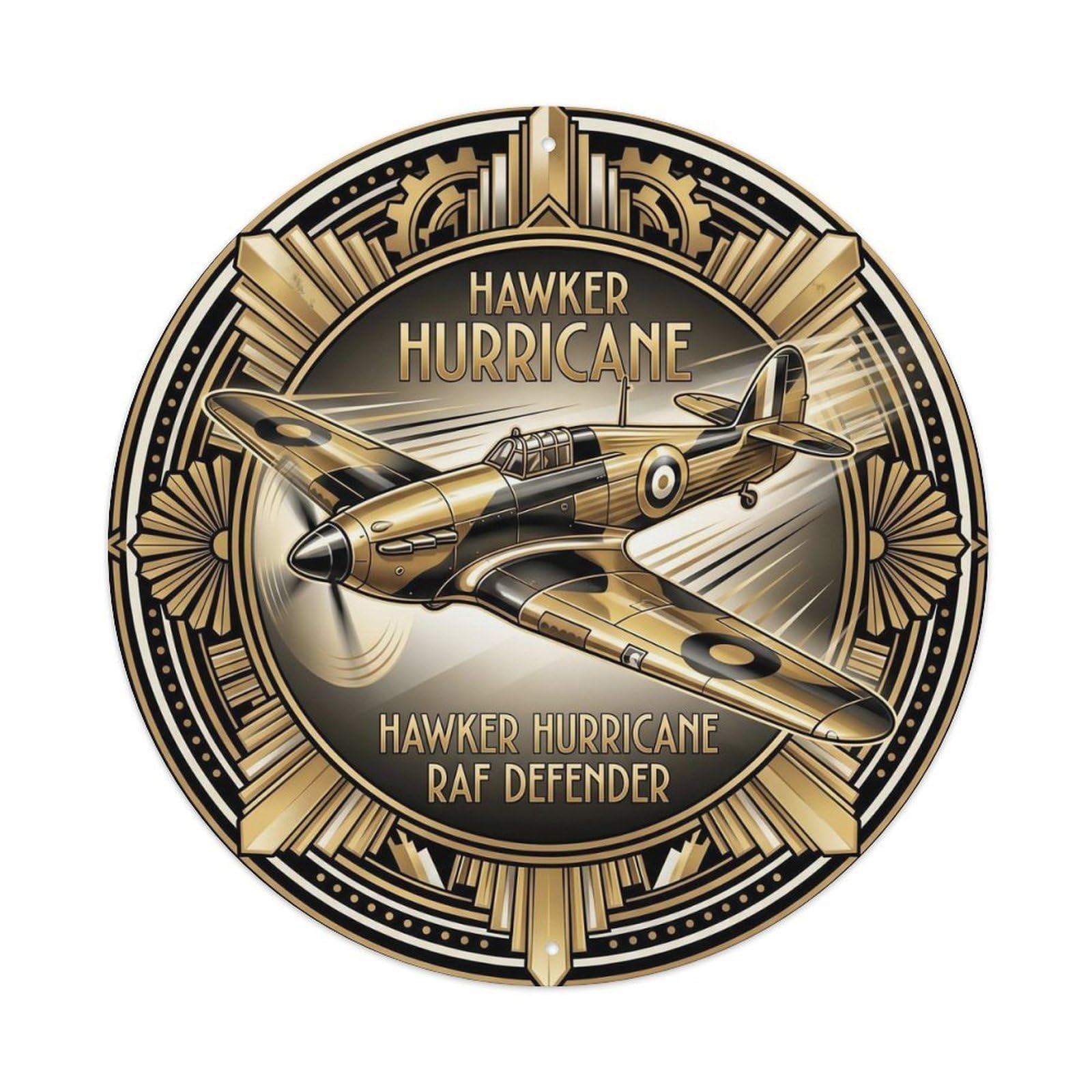 Hurricane Fighter Aircraft British WWII Military Deco Metal Tin Sign Plaque Wall Decor for Cafe, Man Cave, Club Bar, Office, Home Garden Round Metal Poster 8x8Inch