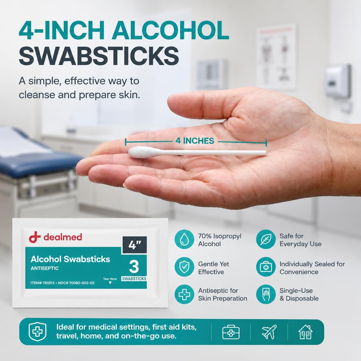 Dealmed 4" Alcohol Swabsticks, Individually Sealed Perfect for Portable First Aid Kits, 3 Swabs/Pkg, 25 Pkgs/Box (Pack of 1)