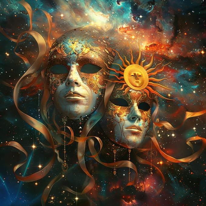 Zodiac Sign of Gemini with Masks DIY 5D Diamond Paint Kits for Adults Easy for Beginner Round Full Drill Diamond Art Painting Gems Cross Stitch Mosaic Craft for Home Decor 16x16inch(1)