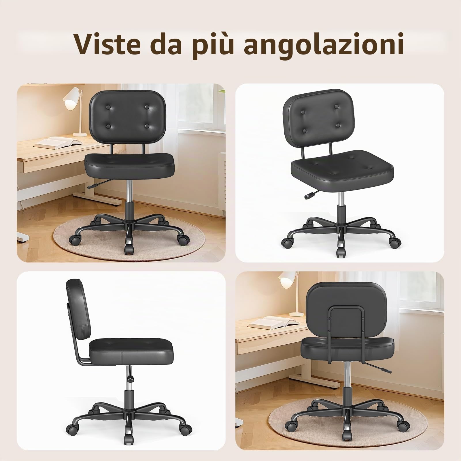 AnyGod Sedia Da Scrivania Senza Braccioli per Ufficio Domestico, Sedile Girevole Compatto con Altezza Regolabile e Ruote, Sedia Ergonomica A Schienale Basso in Pelle PU Nera