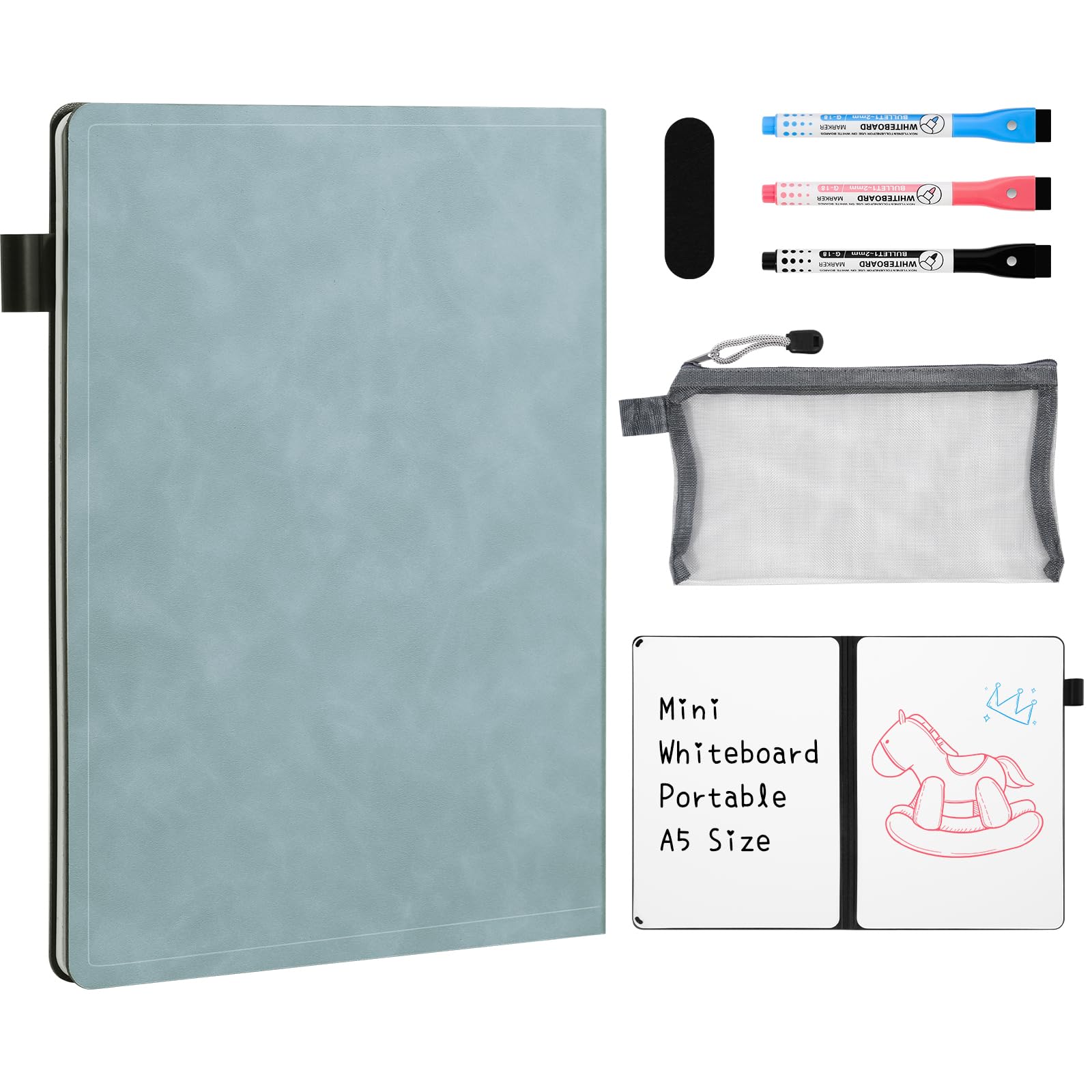 AGM A5 Mini Whiteboard, Portable Dry Erase Board with 3 Colored Markers, Eraser, and Mesh Pouch, Ideal for Studying, Meetings, Note-Taking, and Doodling-Navy Blue