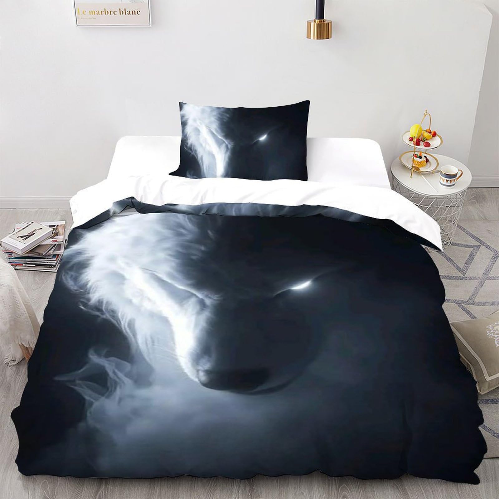 Housse de couette loup blanc 135x200 pour chambre de fille avec imprimé animaux 3D