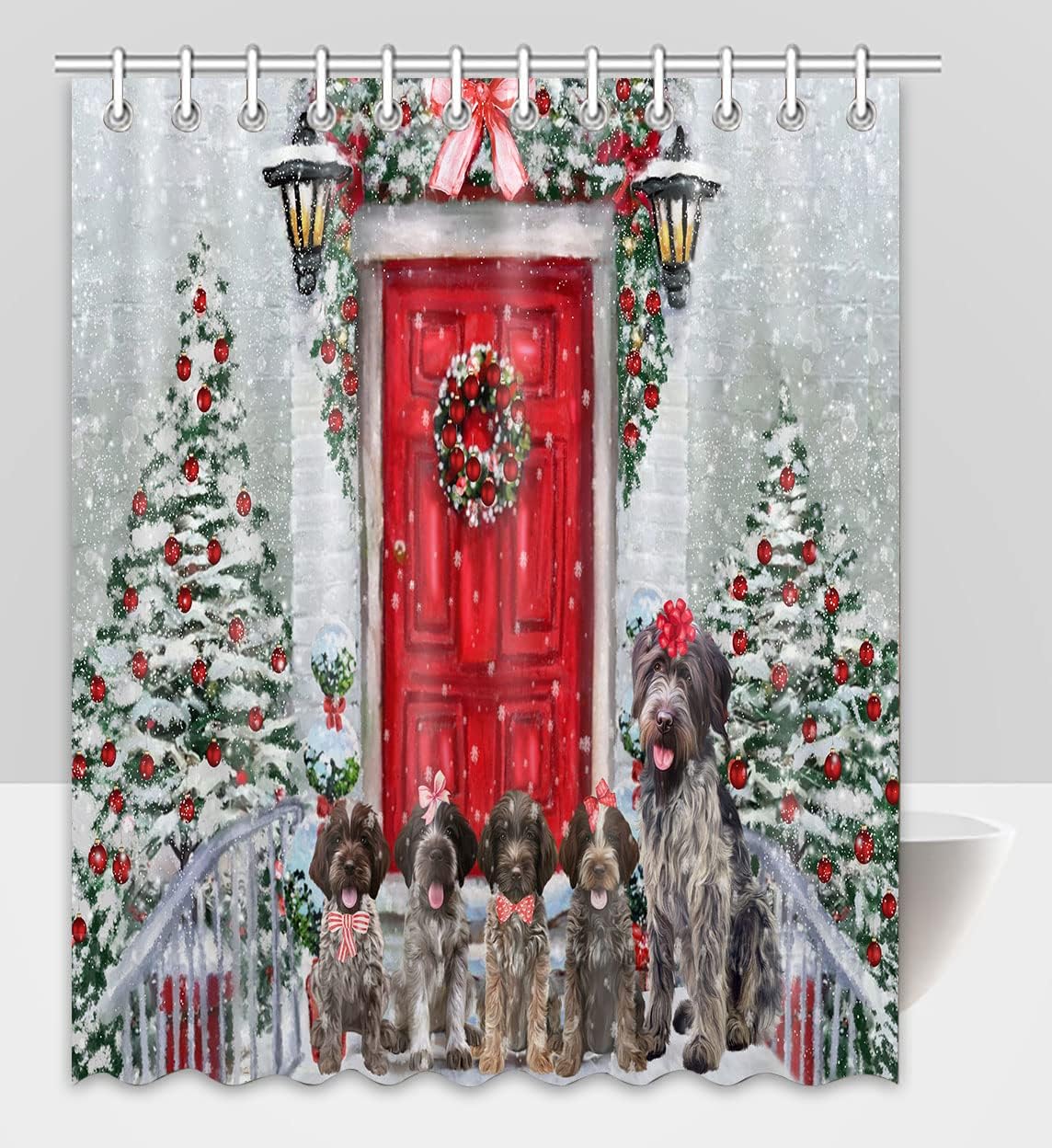 Christmas Holiday Welcome Wirehaired Pointing Griffon Dog Shower Curtain - Polyester Waterproof Pet Bathtub Curtain One-Side Printing Decor Curtain for Bathroom with Hooks, 48"x72"