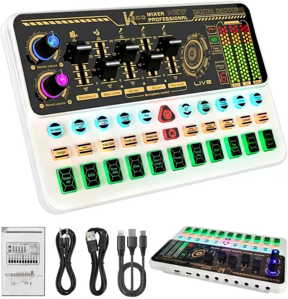 Audio Mixer With Effects, Live Sound Card with Volume Fader, Voice Changer, Sound Effects, for Karaoke, Recording, Podcasting Sound Board for Kids, Gift, Gme, PS5(White)