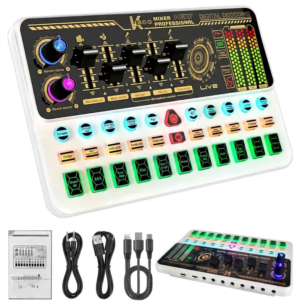 Audio Mixer with Effects, Live Sound Card with Volume Fader, Voice Changer, Sound Effects, LED Lights, for Karaoke, Recording, Podcasting Sound Board for Kids, Gift, Gme, PS5(White)-image-6