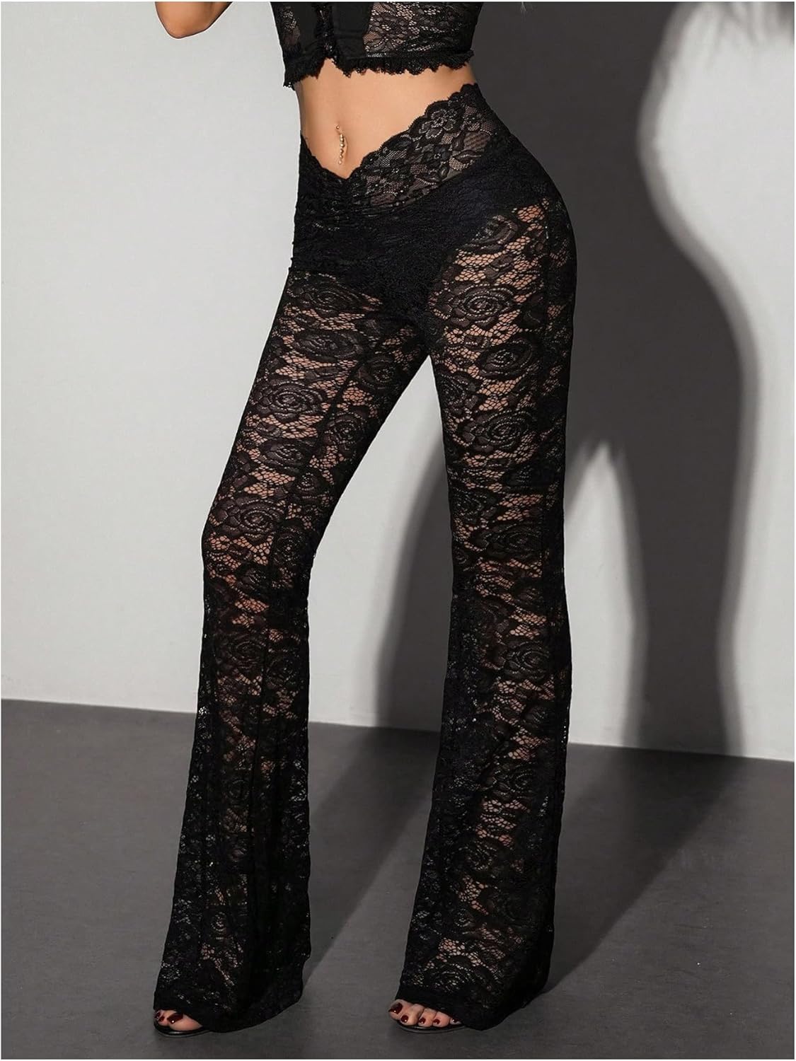 Verdusa Women's Bell Bottom Lace Pants Y2K Low Waist Flare Pants See Through Rave Outfits - Image 4